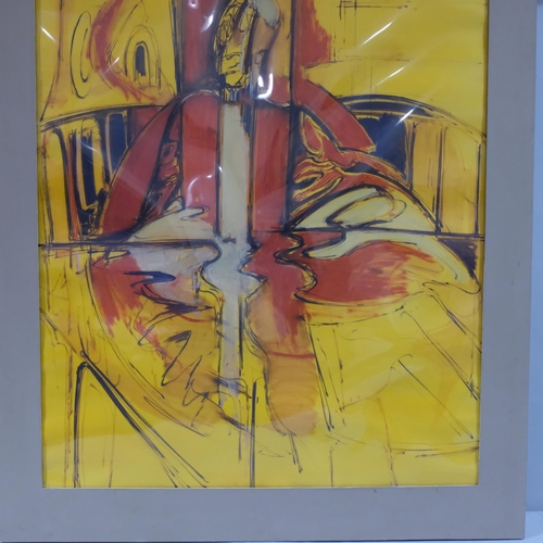 1039 - John Heritage (1931-94) Abstract figure of Pope Pius XII, contemporary watercolour on yellow paper, ... 