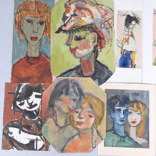 1063 - Lotte Wolf-Koch (1909 - 1977), group of abstract portraits, watercolour/crayon (10)