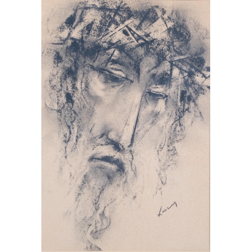 1065 - Portrait of Christ, charcoal on paper, indistinctly signed, 25cm x 17cm, framed