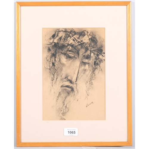 1065 - Portrait of Christ, charcoal on paper, indistinctly signed, 25cm x 17cm, framed