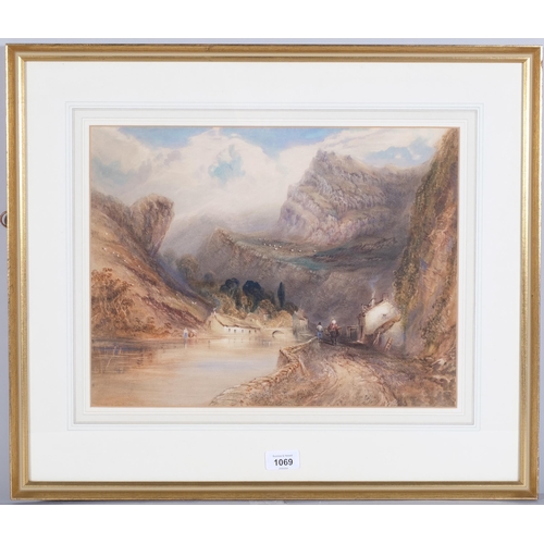 1069 - Mountain river scene, 19th century watercolour, unsigned, 31cm x 41cm, framed