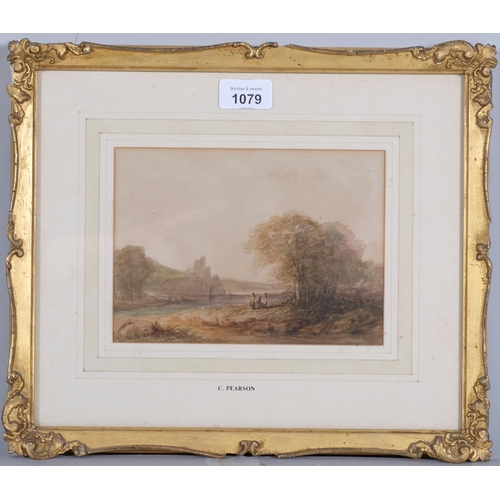 1079 - C Pearson, landscape towards a castle, watercolour, 14cm x 19cm, framed