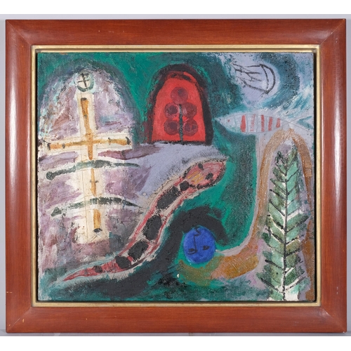 1081 - Abstract composition with snake, 20th century impasto oil on canvas, unsigned, 68cm x 76cm, framed