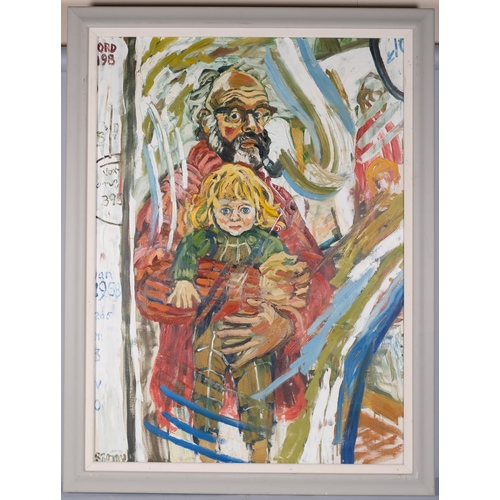 1085 - John Bratby (1928 - 1992), self portrait with the artist's son, signed and dated 1970, 122cm x 89cm,... 