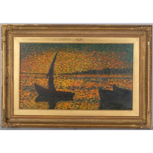 1090 - Pointilist sunset seascape, 20th century oil on canvas, unsigned, 35cm x 60cm, framed and glazed