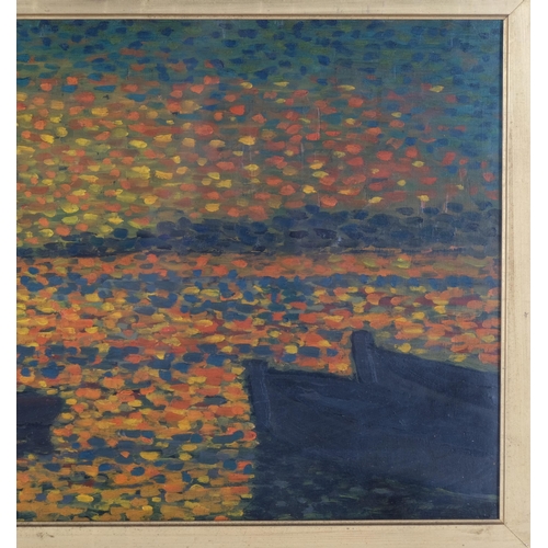 1090 - Pointilist sunset seascape, 20th century oil on canvas, unsigned, 35cm x 60cm, framed and glazed