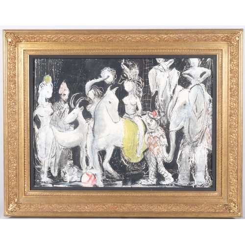 1093 - David Cox RWA ROI (1914 - 1979), circus performers, mixed media on board, inscribed verso, 41cm x 56... 