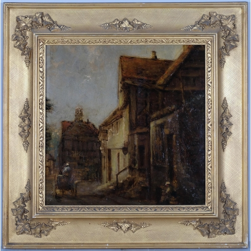 1095 - Circle of Alfred Montague, street scene with figures and cart, oil on panel, unsigned, 35cm x 35cm, ... 