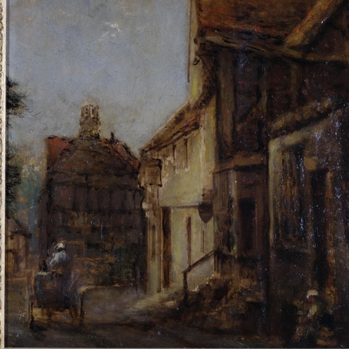 1095 - Circle of Alfred Montague, street scene with figures and cart, oil on panel, unsigned, 35cm x 35cm, ... 