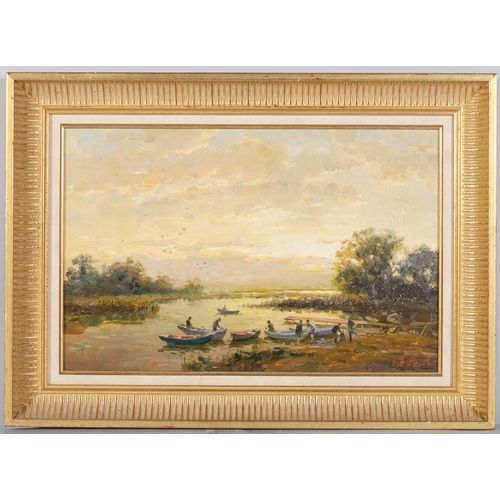 1096 - Vladimir Belsky (Russian, born 1949), fishermen at sunset, oil on canvas, signed, 27cm x 42cm, frame... 