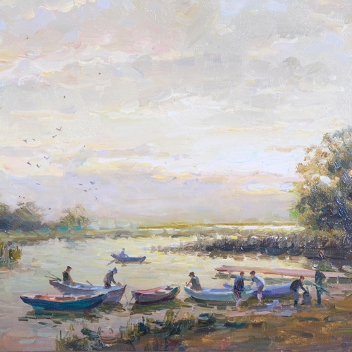 1096 - Vladimir Belsky (Russian, born 1949), fishermen at sunset, oil on canvas, signed, 27cm x 42cm, frame... 