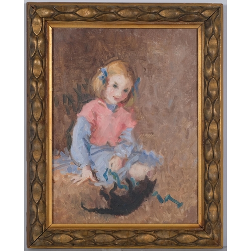 1099 - Portrait of a girl with a cat, early 20th century oil on canvas, unsigned, 40cm x 30cm, framed