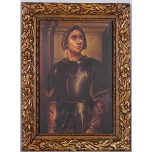 1101 - Portrait of a knight in armour, late 19th century oil on canvas, signed with monogram AE, 46cm x 31c... 