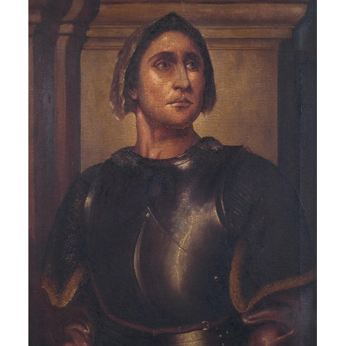 1101 - Portrait of a knight in armour, late 19th century oil on canvas, signed with monogram AE, 46cm x 31c... 