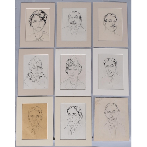 1102 - French School, a group of 12 portraits, pen and ink, 4 double-sided, circa 1920, mounted