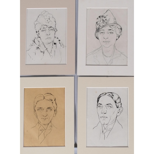 1102 - French School, a group of 12 portraits, pen and ink, 4 double-sided, circa 1920, mounted