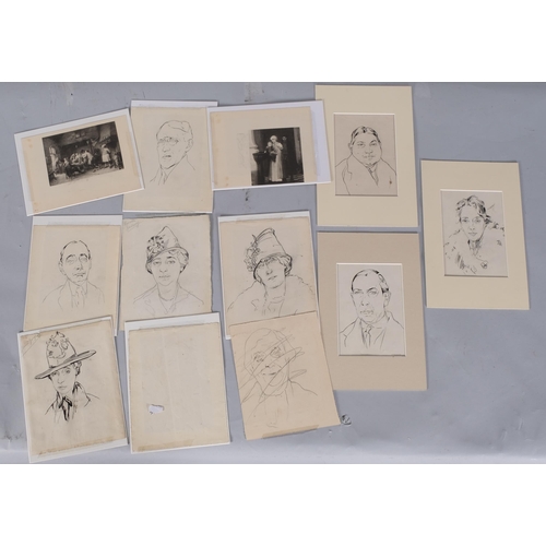 1102 - French School, a group of 12 portraits, pen and ink, 4 double-sided, circa 1920, mounted