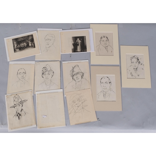 1102 - French School, a group of 12 portraits, pen and ink, 4 double-sided, circa 1920, mounted