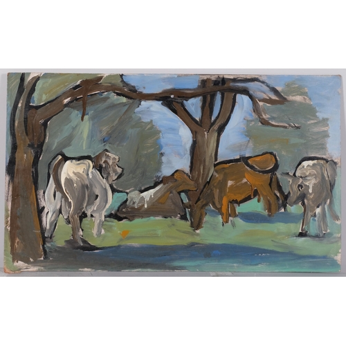 1105 - Maureen Robinette, cows sheltering under trees, mid-20th century oil on board, signed with monogram,... 