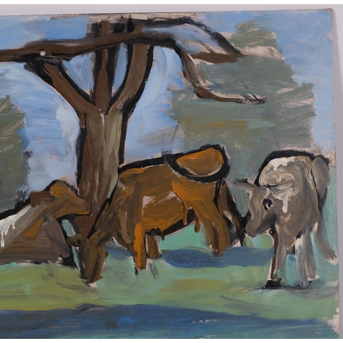 1105 - Maureen Robinette, cows sheltering under trees, mid-20th century oil on board, signed with monogram,... 