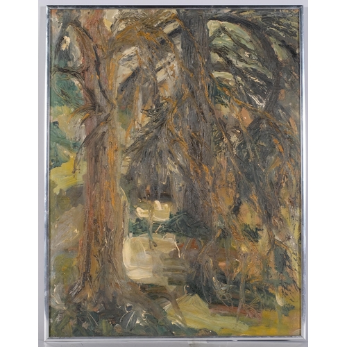 1107 - Angela Lovegrove, abstract forest scene, impasto oil on board, signed verso, 65cm x 50cm, framed