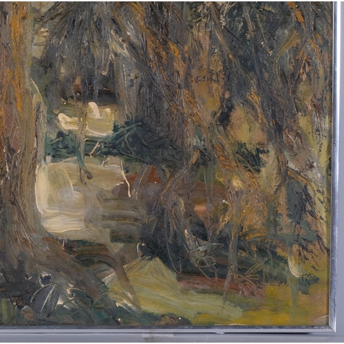 1107 - Angela Lovegrove, abstract forest scene, impasto oil on board, signed verso, 65cm x 50cm, framed