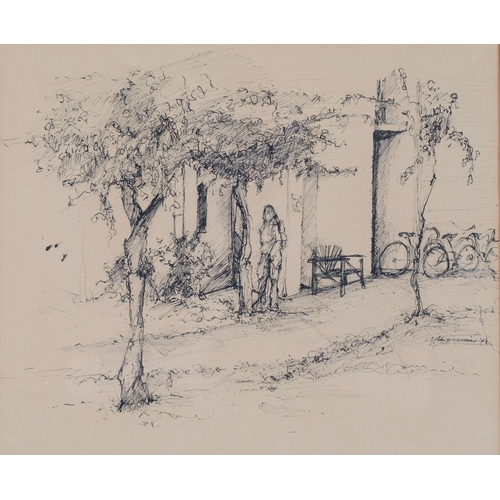 1109 - A Bingham, Continental village scene, pen and ink, signed and dated '73, with California label verso... 