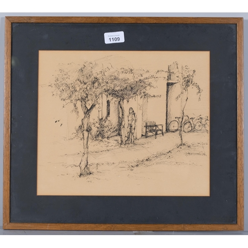 1109 - A Bingham, Continental village scene, pen and ink, signed and dated '73, with California label verso... 