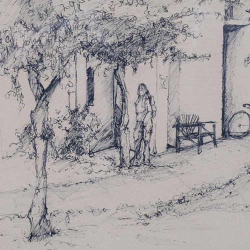 1109 - A Bingham, Continental village scene, pen and ink, signed and dated '73, with California label verso... 