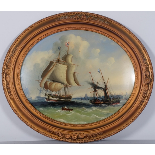 1112 - A busy shipping scene near Greenwich, 19th century reverse painting behind convex glass, unsigned, 3... 