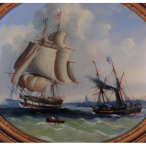 1112 - A busy shipping scene near Greenwich, 19th century reverse painting behind convex glass, unsigned, 3... 