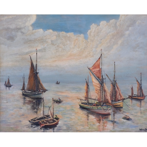 1113 - Newland, fishing boats on calm waters, oil on canvas laid on board, signed, 40cm x 50cm, framed and ... 