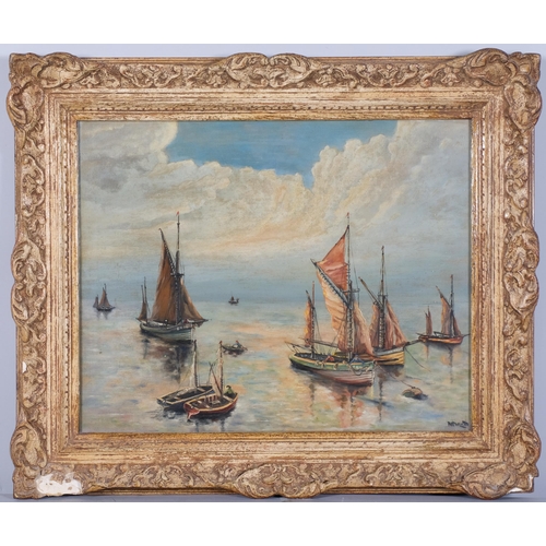 1113 - Newland, fishing boats on calm waters, oil on canvas laid on board, signed, 40cm x 50cm, framed and ... 