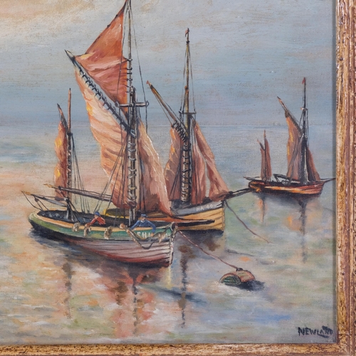 1113 - Newland, fishing boats on calm waters, oil on canvas laid on board, signed, 40cm x 50cm, framed and ... 