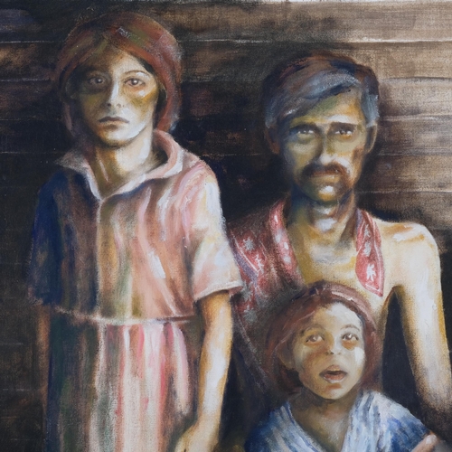 1115 - Portrait of an Eastern European family, oil on canvas, unsigned, 109cm x 81cm, unframed