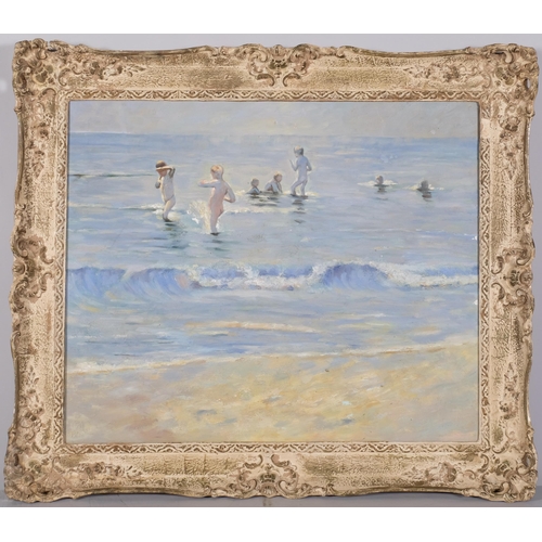 1117 - Children at the shore, oil on canvas, 51cm x 61cm, framed