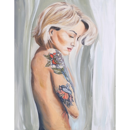 1118 - Portrait of a girl with tattoos, contemporary oil on board, unsigned, 75cm x 55cm, framed