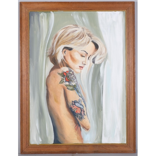 1118 - Portrait of a girl with tattoos, contemporary oil on board, unsigned, 75cm x 55cm, framed