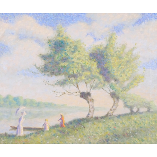 1120 - Eric Oldham, impressionist figures in landscape, 1977, oil on canvas, 51cm x 61cm, framed