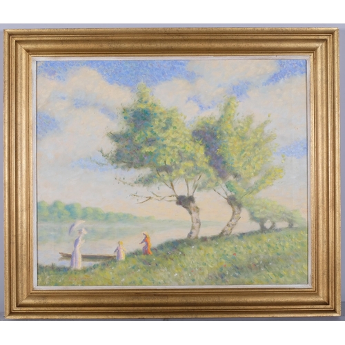 1120 - Eric Oldham, impressionist figures in landscape, 1977, oil on canvas, 51cm x 61cm, framed