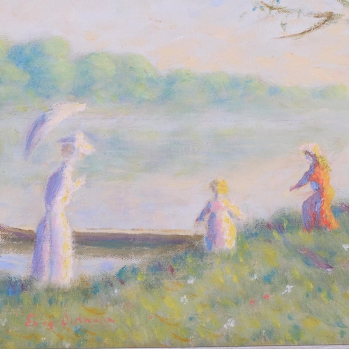 1120 - Eric Oldham, impressionist figures in landscape, 1977, oil on canvas, 51cm x 61cm, framed