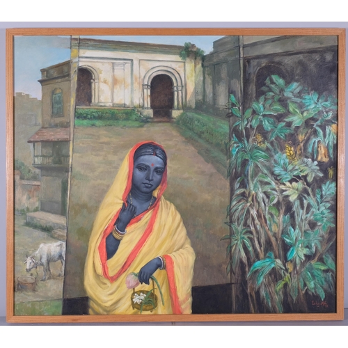 1123 - Isha Mahammad (Indian), departing Lakshmi, oil on canvas, signed and dated 1997, 91cm x 105cm, frame... 