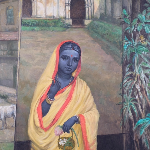 1123 - Isha Mahammad (Indian), departing Lakshmi, oil on canvas, signed and dated 1997, 91cm x 105cm, frame... 