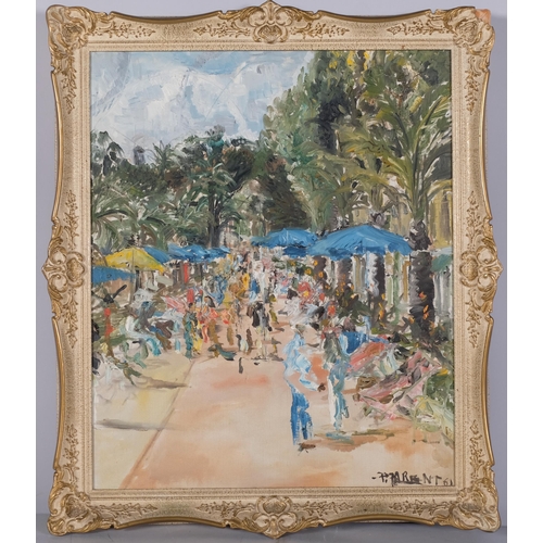 1125 - Impressionist promenade scene, mid-20th century oil on canvas, indistinctly signed, dated '61, 55cm ... 