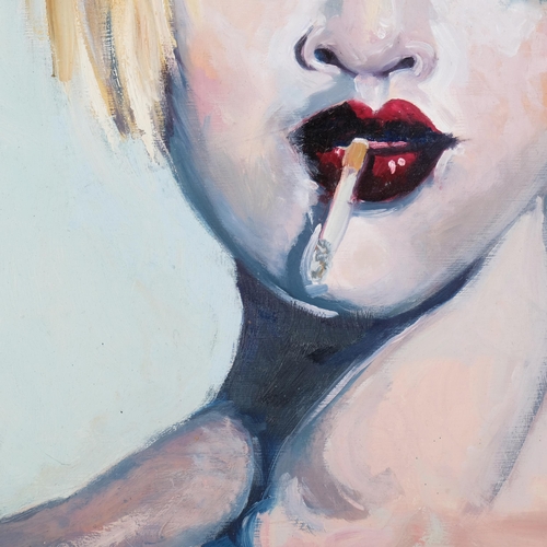 1126 - Portrait of a girl smoking, contemporary oil on board, 47cm x 50cm, framed