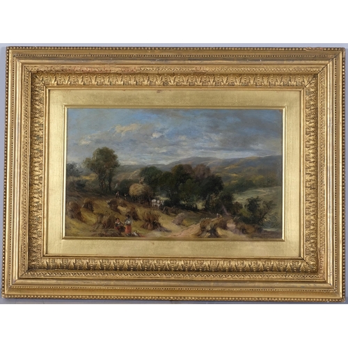 1127 - E Meadows, harvesting in Wharfedale, oil on panel, 22cm x 37cm, framed and glazed