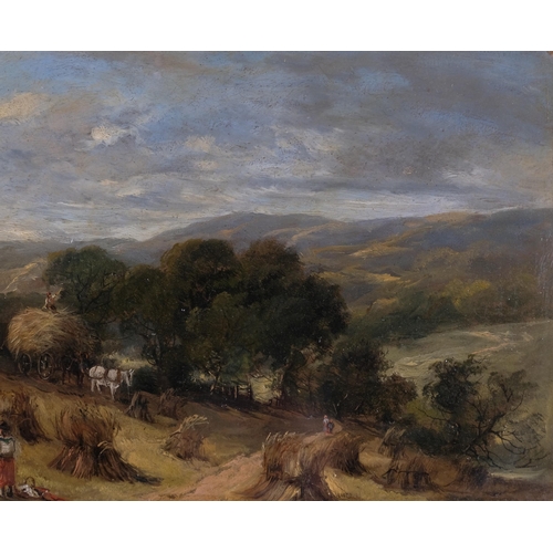 1127 - E Meadows, harvesting in Wharfedale, oil on panel, 22cm x 37cm, framed and glazed