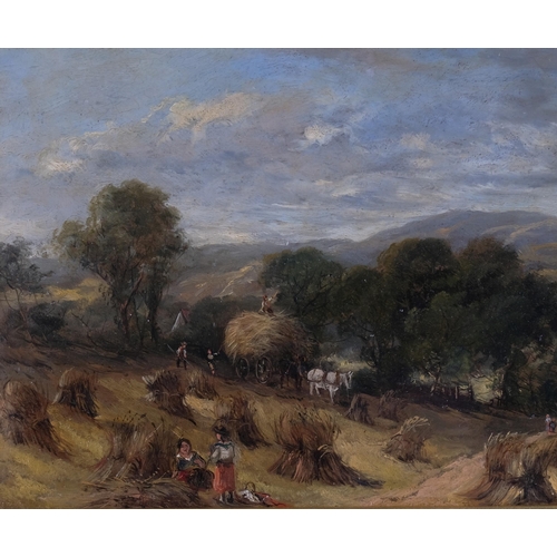 1127 - E Meadows, harvesting in Wharfedale, oil on panel, 22cm x 37cm, framed and glazed