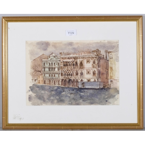 1129 - David Hutter, Venice 1964, pen ink and wash, Exhibition label verso, 22cm x 33cm, framed