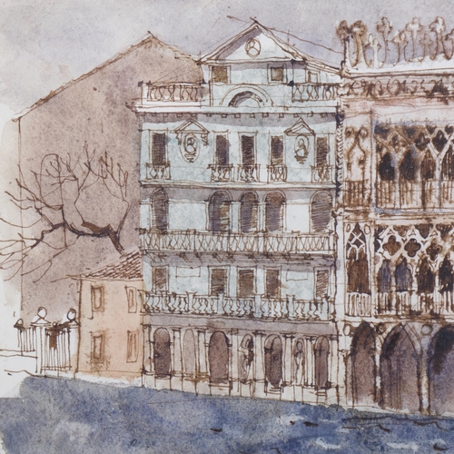 1129 - David Hutter, Venice 1964, pen ink and wash, Exhibition label verso, 22cm x 33cm, framed